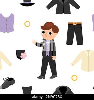 Vector seamless pattern with groom clothes. Cute repeat background with just married boy in suit. Wedding ceremony digital paper. Cartoon marriage tex Stock Vector
