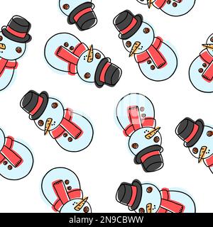 Christmas and New Year snowman seamless pattern in cartoon flat style. Vector illustration isolated on white background. Stock Vector