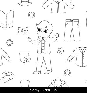 Vector black and white seamless pattern with groom clothes. Cute line repeat background with just married boy in suit. Wedding ceremony digital paper. Stock Vector