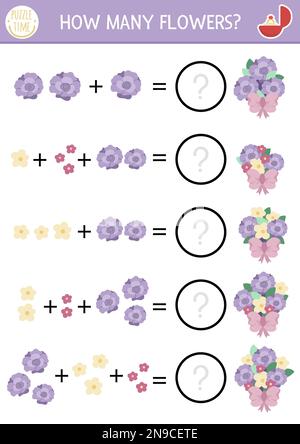 Addition with cute cartoon rose flower. Educational math game for kids ...
