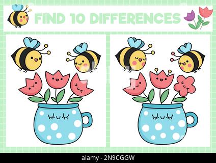 Garden kawaii find differences game for children. Attention skills activity with cute bees and flowers in pot. Spring holiday puzzle for kids. Printab Stock Vector