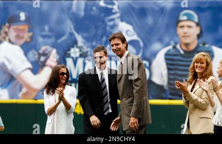 Seattle Mariners, from left, Dan Wilson, Ichiro Suzuki, Raul