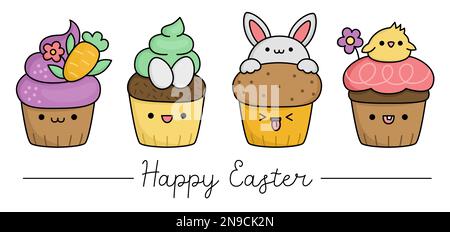 Vector Easter cupcakes set for kids. Cute kawaii cup cakes collection. Funny cartoon characters. Traditional spring holiday dessert illustration with Stock Vector