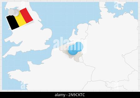 Map of Belgium with a pinned blue pin. Pinned flag of Belgium, vector illustration. Stock Vector