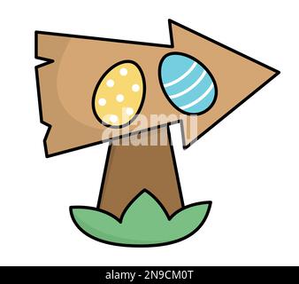 Vector Easter egg hunt direction sign icon. Cartoon pointer with eggs isolated on white background. Garden information plate or signboard illustration Stock Vector