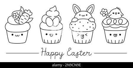 Vector black and white Easter cupcakes set for kids. Cute kawaii line cup cakes collection. Funny cartoon characters. Traditional spring holiday desse Stock Vector