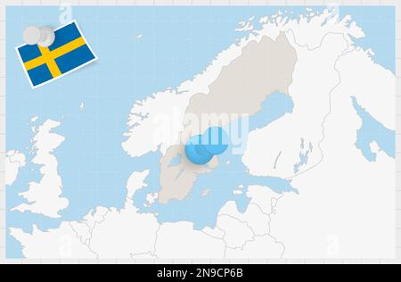 Map of Sweden with a pinned blue pin. Pinned flag of Sweden, vector illustration. Stock Vector