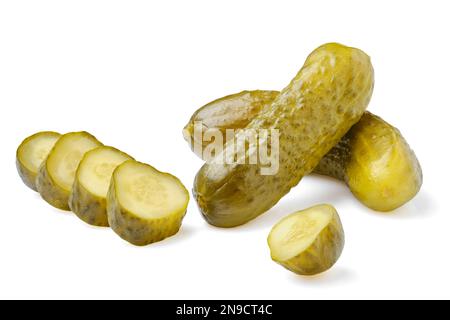 Pickled cucumbers whole and sliced isolated on white background Stock Photo