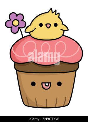 Vector Easter cupcake for kids. Cute kawaii chocolate cup cake with pink icing, flower and chick on top. Funny cartoon character. Traditional spring h Stock Vector