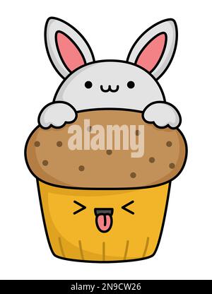 Vector Easter cupcake for kids. Cute kawaii chocolate cup cake with bunny rabbit on top. Funny cartoon character. Traditional spring holiday dessert i Stock Vector