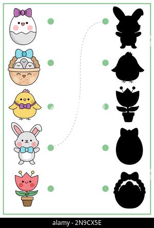 Easter shadow matching activity with traditional characters. Spring holiday shape recognition puzzle with cute kawaii animals. Find correct silhouette Stock Vector