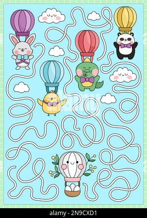 Easter maze for kids. Spring holiday preschool printable activity with kawaii animals playing egg hunt and flying on hot air balloons. Garden labyrint Stock Vector