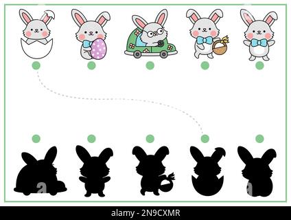 Easter shadow matching activity with bunnies. Spring holiday shape recognition puzzle with cute kawaii animals. Find correct silhouette printable work Stock Vector