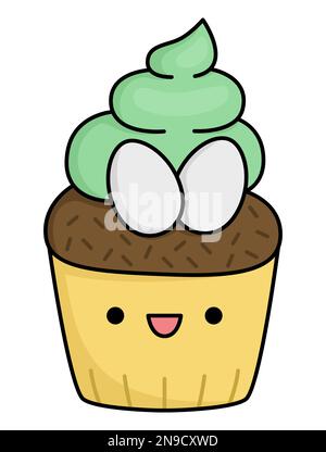 Vector Easter cupcake for kids. Cute kawaii cup cake with green cream and eggs. Funny cartoon character. Traditional spring holiday dessert illustrati Stock Vector