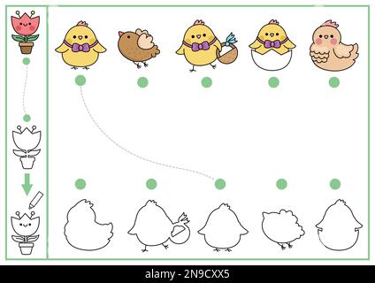 Easter shape matching, coloring and drawing activity. Spring holiday puzzle with cute kawaii birds. Find correct silhouette printable worksheet. Garde Stock Vector