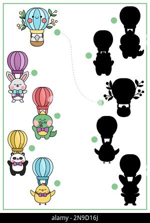Easter shadow matching activity with traditional characters flying on hot air balloons. Spring holiday shape recognition puzzle with cute kawaii anima Stock Vector