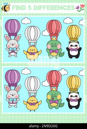 Easter kawaii find differences game for children. Attention skills activity with cute hot air balloons with animals flying in the sky. Spring holiday Stock Vector