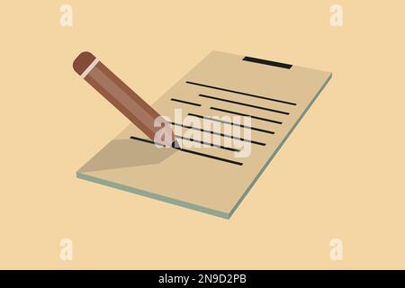 Document with text. A piece of paper with a pencil. Isolated object on a transparent background Stock Vector