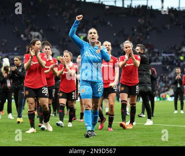 London, England, 12th February 2023. Goalkeeper Mary Earps of Man Utd women celebrates during the The FA Women's Super League match at the Tottenham Hotspur Stadium, London. Picture credit should read: David Klein / Sportimage Stock Photo