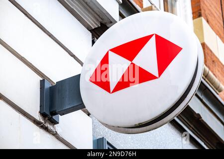 Close up of HSBC bank sign on outside wall UK Stock Photo