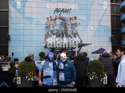 Manchester, UK. 12th Feb, 2023. Manchester City fans outside the stadium before the Premier League match at the Etihad Stadium, Manchester. Picture credit should read: Darren Staples/Sportimage Credit: Sportimage/Alamy Live News Stock Photo