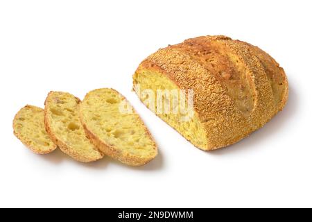Fresh baked corn bread loaf and slices isolated on white background close up Stock Photo