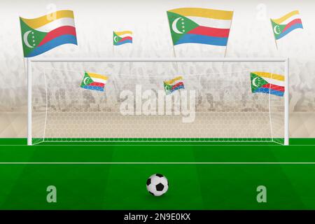 Comoros football team fans with flags of Comoros cheering on stadium, penalty kick concept in a soccer match. Sports vector illustration. Stock Vector