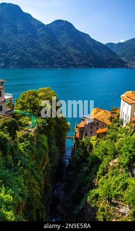 Aerial view of Nesso, a picturesque and colourful village sitting on the banks of Lake Como, Italy Stock Photo