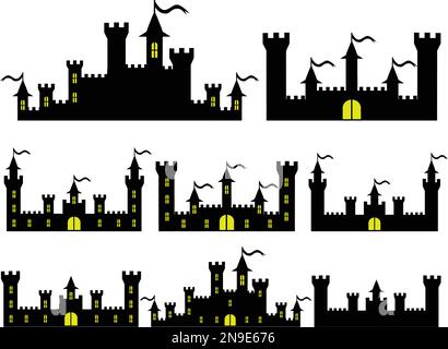 Set of Fantasy castles silhouettes for design. illustration Stock Vector