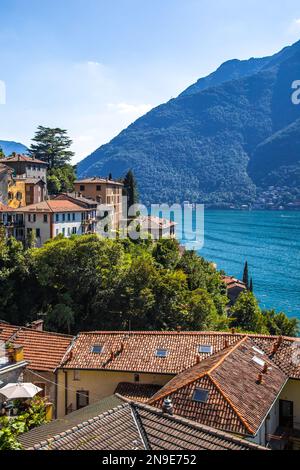 Aerial view of Nesso, a picturesque and colourful village sitting on the banks of Lake Como, Italy Stock Photo