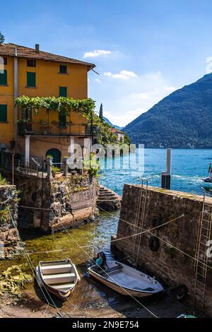 Aerial view of Nesso, a picturesque and colourful village sitting on the banks of Lake Como, Italy Stock Photo