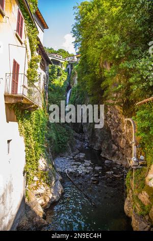 Aerial view of Nesso, a picturesque and colourful village sitting on the banks of Lake Como, Italy Stock Photo