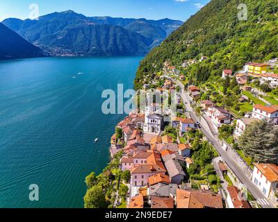 Aerial view of Nesso, a picturesque and colourful village sitting on the banks of Lake Como, Italy Stock Photo