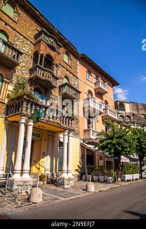 Aerial view of Nesso, a picturesque and colourful village sitting on the banks of Lake Como, Italy Stock Photo