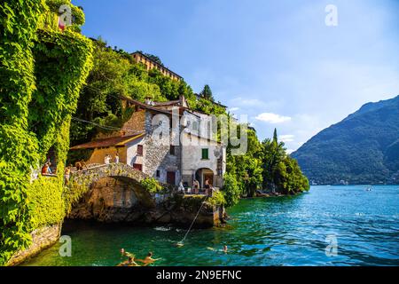 Aerial view of Nesso, a picturesque and colourful village sitting on the banks of Lake Como, Italy Stock Photo