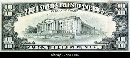 Large fragment of the reverse side of old 10 $ ten American dollars bill banknote series 1988 features  the U.S. Treasury Building, selective focus of Stock Photo