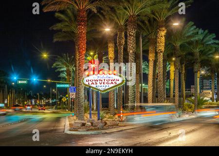 Las Vegas, USA - June 15, 2012: The downtown Las Vegas sign at night. Stock Photo