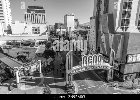 Reno, USA - June 17, 2012: The Reno Arch  in Reno, Nevada. The original arch was built in 1926 to commemorate the completion of the Lincoln and Victor Stock Photo