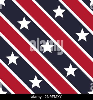 Diagonal stripes with stars seamless pattern. American patriotic backgrounds. Independence day geometric prints. Perfect for election invitations. Stock Vector