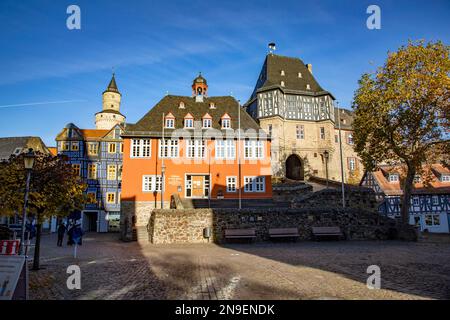 Idstein, Germany - Nov 11, 2020: scenic view to market square with half timbered houses in Idstein, Germany. Stock Photo