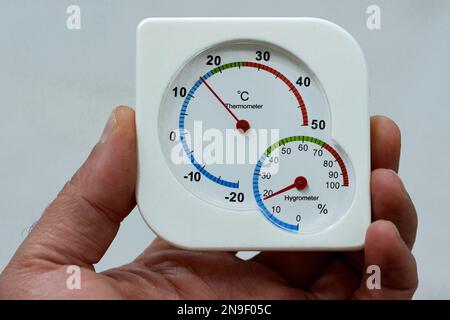Hygrometer, Temperature thermometer meter for indoor, outdoor, room and refrigerators measures air temperature and humidity level, temp range from - 2 Stock Photo