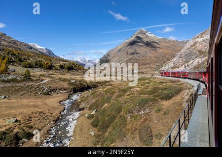 bernina express mountain railway train approaching bernina lagalb station Stock Photo