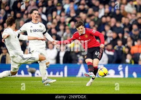 Manchester United's Alejandro Garnacho scores their side's second goal of the game during the Premier League match at Elland Road, Leeds. Picture date: Sunday February 12, 2023. Stock Photo