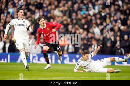 Manchester United's Alejandro Garnacho scores their side's second goal of the game during the Premier League match at Elland Road, Leeds. Picture date: Sunday February 12, 2023. Stock Photo