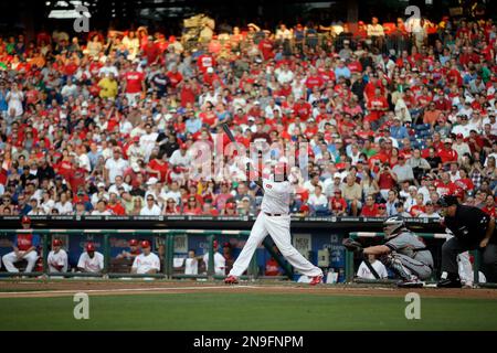 Philadelphia Phillies' Ryan Howard hits a three-run home run in the first  inning off a pitch from New York Yankees' Mike Mussina at Citizens Bank  Park in Philadelphia, Pennsylvania, on Tuesday, June