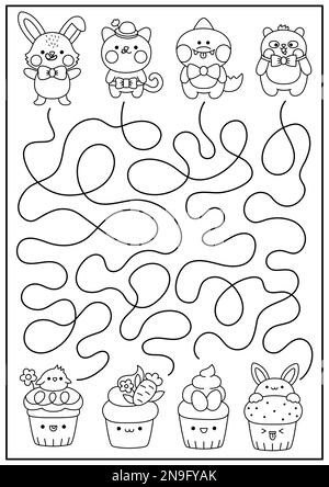 Easter black and white maze for kids. Spring holiday preschool printable activity with kawaii animals and cupcakes with eggs, carrot, bunny, chick. La Stock Vector