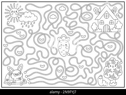 Easter black and white maze for kids. Spring holiday preschool printable activity with kawaii car with bunny, country house. Garden labyrinth game, pu Stock Vector