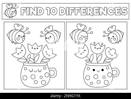Garden black and white kawaii find differences game. Coloring page with cute bees and flowers in pot. Spring holiday puzzle or activity for kids. Prin Stock Vector