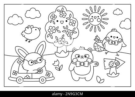 Vector black and white kawaii Easter scene with bunny on a car and chick with basket. Spring cartoon line illustration. Cute holiday egg hunt coloring Stock Vector