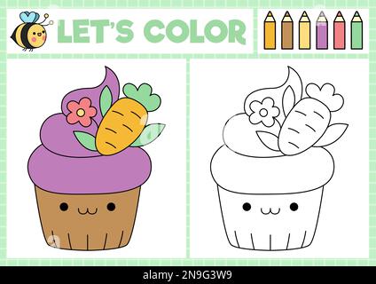 Easter coloring page for children with cute kawaii cupcake with carrot. Vector spring holiday outline illustration. Color book for kids with colored e Stock Vector